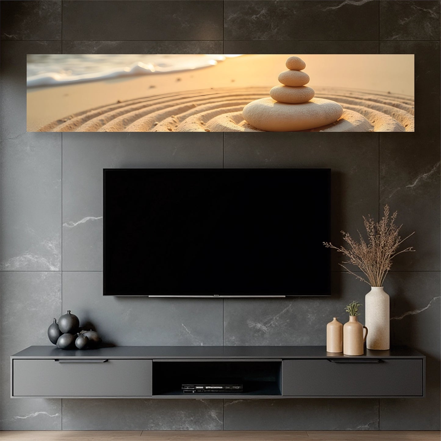 "Zen Ocean Stones" Panoramic Wall Art Frame