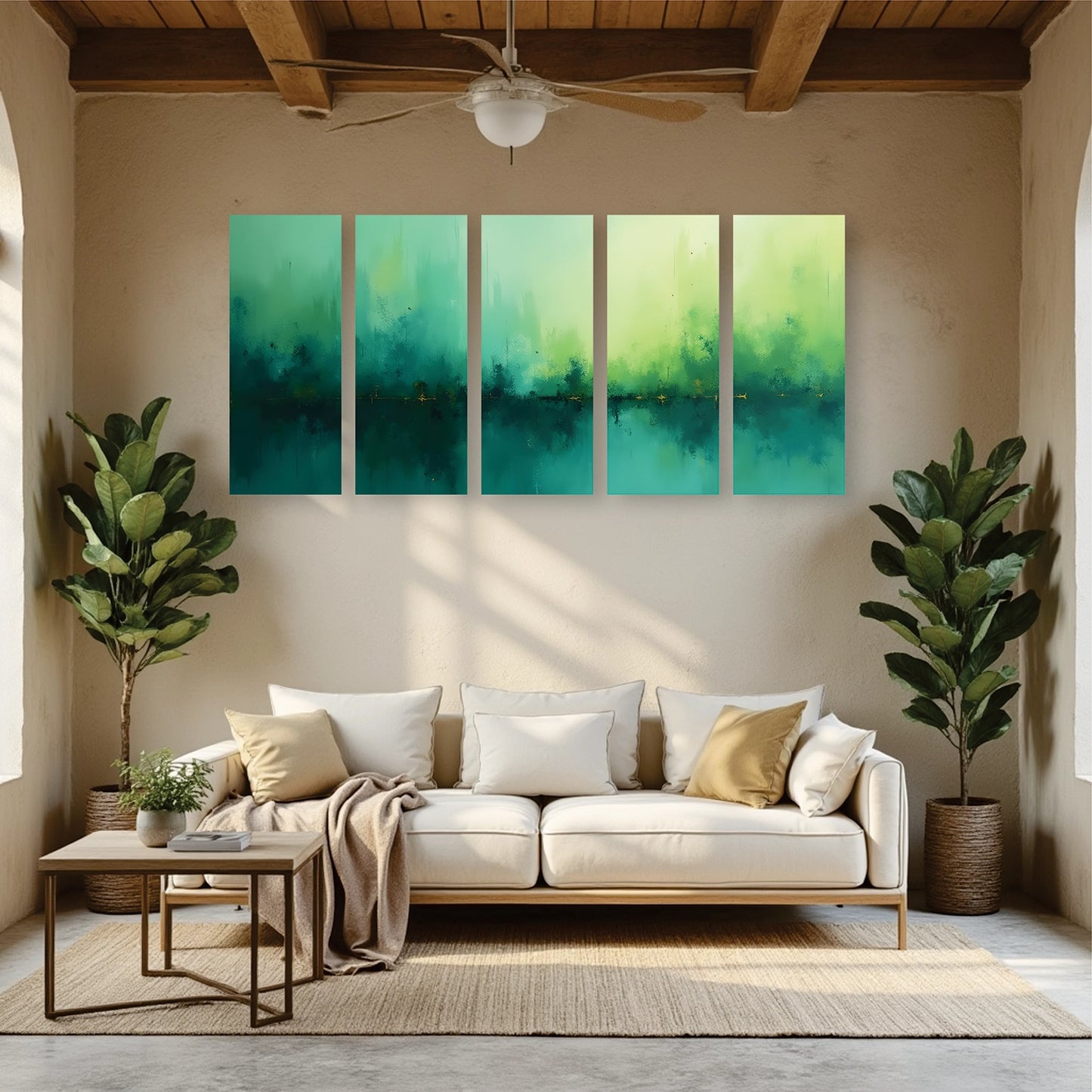 "Abstract Green Horizon" 5 Panel Tiled Wall Art Frames